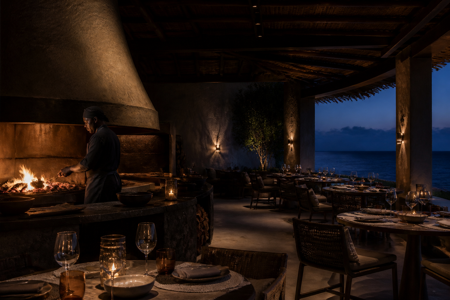 Open-fire dining room beside the ocean